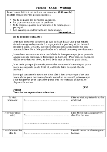 French - GCSE - writing - les vacances (150 word model answer - complex ...