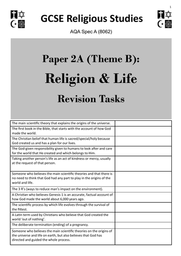 Religion & Life (Theme B: AQA GCSE Religious Studies) - student revision activities booklet