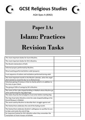 Islam: Practices (AQA GCSE Religious Studies Paper 1) - student revision activities booklet