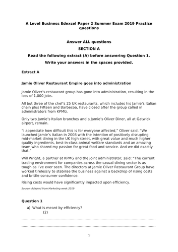 Practice questions for Edexcel A Level Business Paper 2 in AS format ...