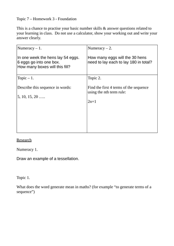 Sequences homework pack. Maths KS3/GCSE | Teaching Resources