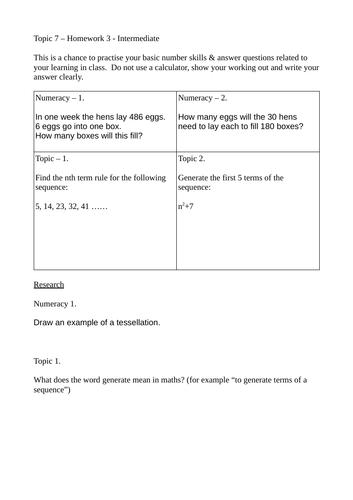 Sequences homework pack. Maths KS3/GCSE | Teaching Resources