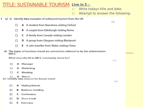 BTEC Level 2 - Travel and tourism - Unit 1  - lesson 2