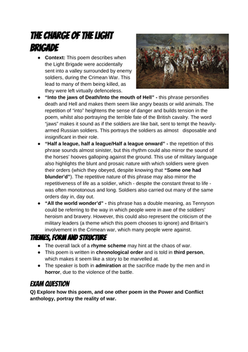 Charge of the Light Brigade by Alfred Tennyson revision guide GCSE English Lit