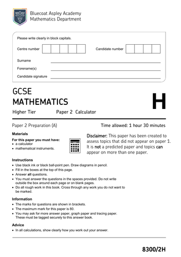 Aqa Gcse Maths Higher Predicted Paper 2 19 Paper A Teaching Resources