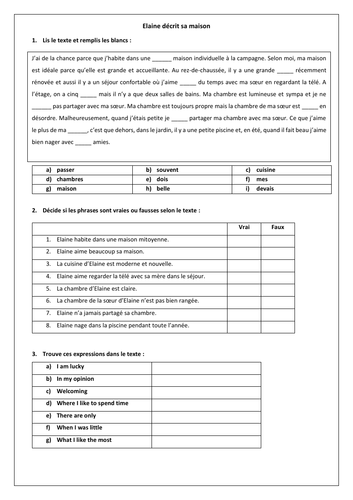 French GCSE là où j'habite / chez moi: reading and translation practice on house & home