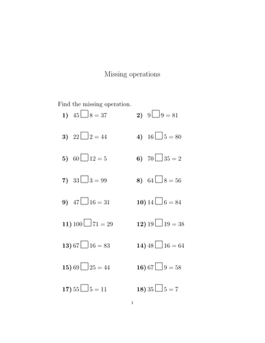 Missing operations worksheet no 3 (with solutions) | Teaching Resources