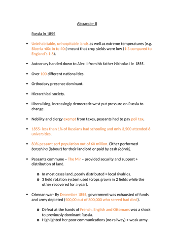 Alexander II and the Emancipation of the Serfs  notes AQA A-Level Russian History 1861-1965