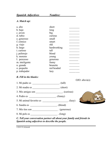 Spanish Adjectives Worksheet: Adjetivos en Español