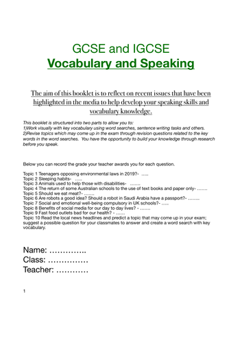 English KS3 and KS4 Speaking / Vocabualry/ IELTS preparation