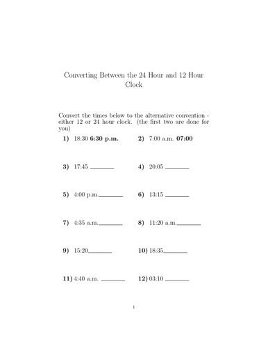 Converting between the 24 hour and 12 hour clock worksheet (with ...
