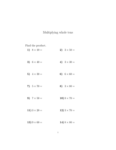 Multiplying whole tens worksheet (with solutions) | Teaching Resources