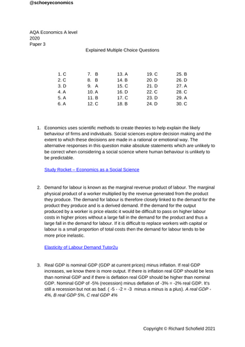 AQA Economics A level Paper 3 MCQs Explained Answers | Teaching Resources