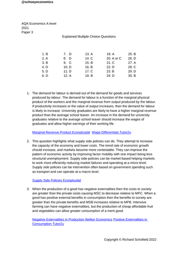 AQA Economics A level Paper 3 MCQs Explained Answers | Teaching Resources