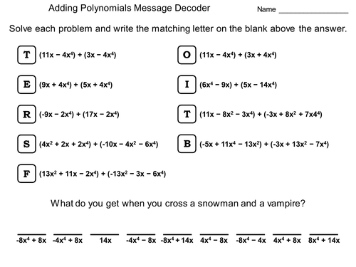 Adding Polynomials Worksheet: Math Message Decoder | Teaching Resources
