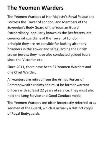 The Yeomen Warders - Tower of London Handout