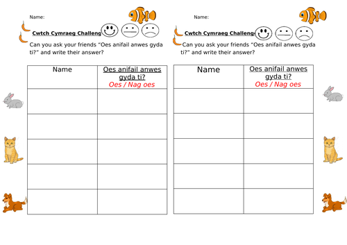 'Oes anifail anwes gyda ti?' - oracy recording sheet