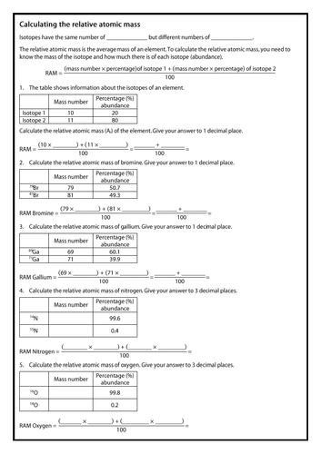 Calculating relative atomic mass support sheet | Teaching Resources