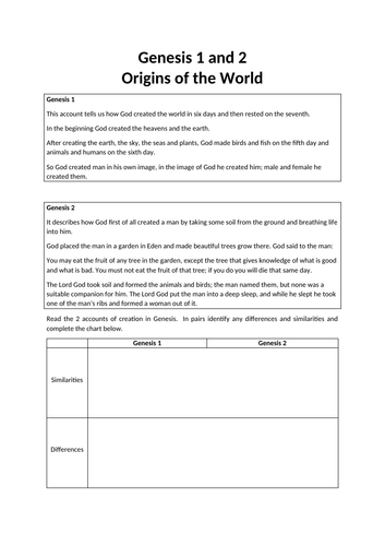 Genesis 1 and 2 Comparison Worksheet | Teaching Resources