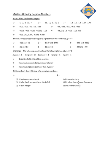 Worksheets of Negative Numbers - with answers | Teaching Resources