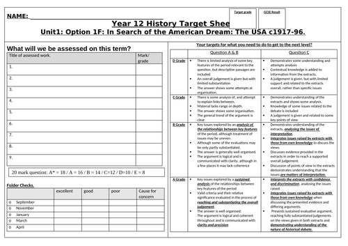 target sheet for edexcel In Search of the American Dream A Level