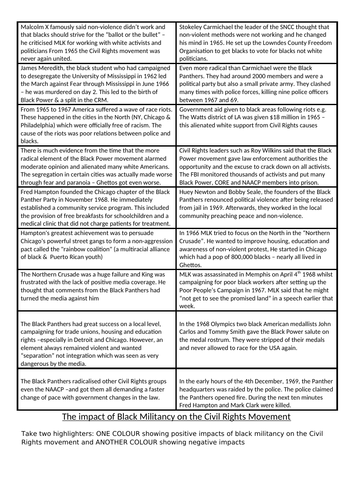 Lesson 7 - Impact of Black Power and black militancy on the Civil Rights Movement