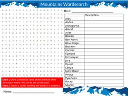 Mountains Wordsearch Sheet Starter Activity Keywords Cover Homework