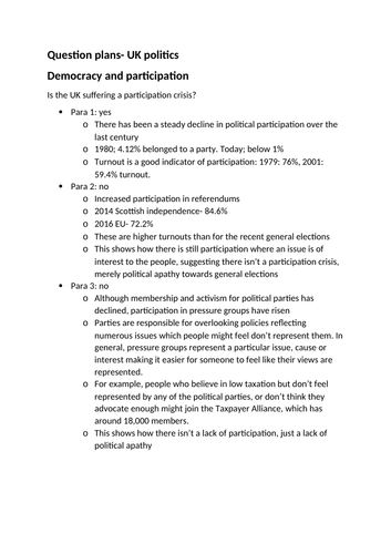 Essay plans for edexcel UK politics paper 1 | Teaching Resources