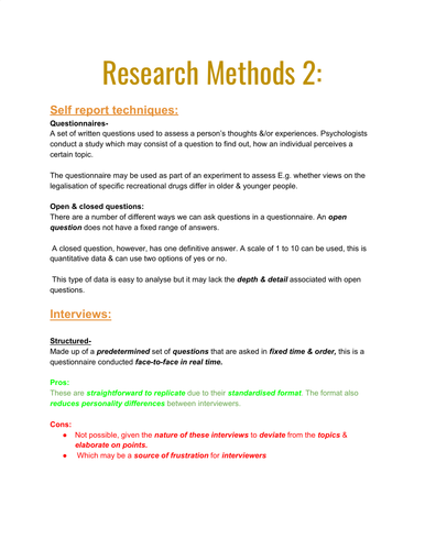 a level psychology paper 2 research methods