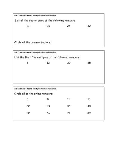 Year 5 Maths AfL Exit Passes | Teaching Resources