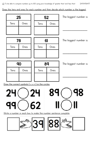 year 1 comparing numbers up to 100 worksheets and