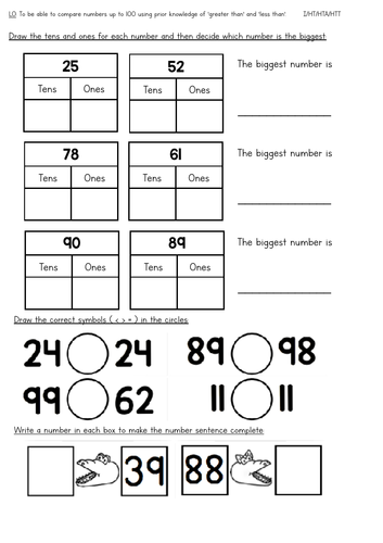 Year 1 Comparing Numbers Up to 100 Worksheets and Extension | Teaching