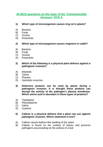 OCR A 25 MCQS on 'Immune System/Immune Response/Communicable diseases ...