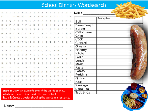 School Dinners Wordsearch Sheet Starter Activity Keywords Cover ...