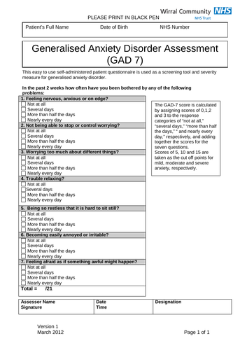 Copy of GAD-7 | Teaching Resources