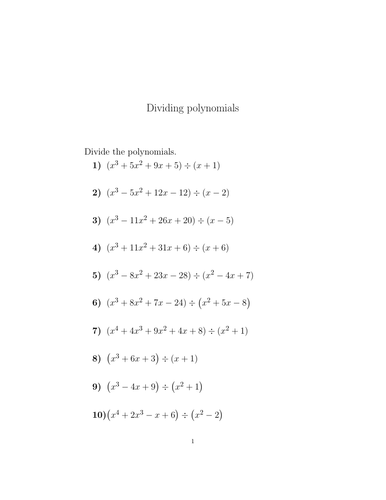 Dividing polynomials worksheet (with solutions) | Teaching Resources