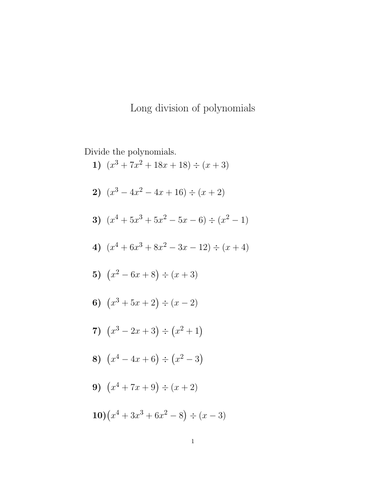 Long division of polynomials worksheet (with solutions) | Teaching