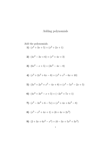 Adding polynomials worksheet (with solutions) | Teaching Resources