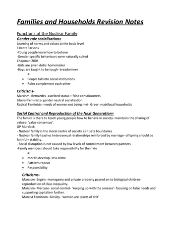 Families and Households Revision Notes and Essay Plans | Teaching Resources