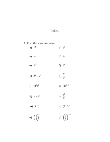 Indices Worksheet No 7 (with Solutions) 