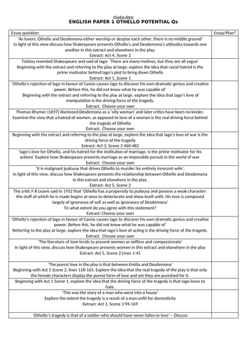 Othello exam questions and answers pdf image