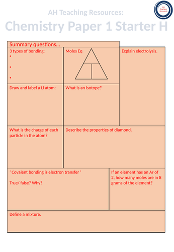 AQA GCSE Chemistry Paper 1 Starter Sheet