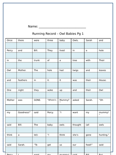 Owl Babies Running record WTS