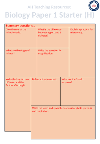 GCSE Biology Paper 1 Starter Sheet