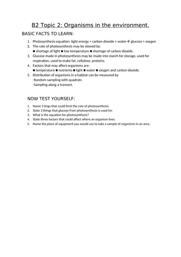 AQA Biology GCSE topic B2.2 organisms in the environment facts, short ...