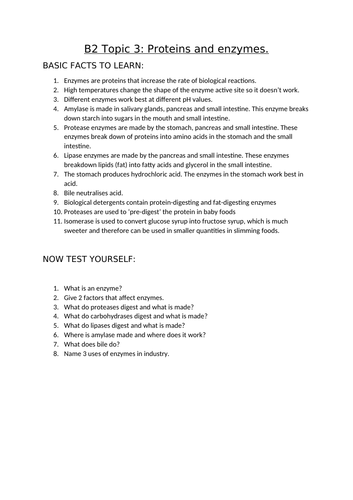 AQA Biology GCSE topic B2.3 Proteins and enzymes facts, short and 6 ...