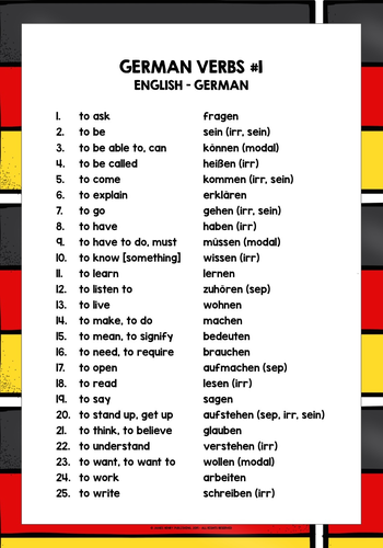 GERMAN VERBS LIST FREEBIE #1 | Teaching Resources