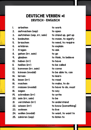 German Verbs List Freebie #1 