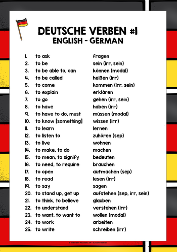 GERMAN VERBS LIST FREEBIE #1 | Teaching Resources