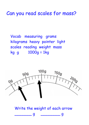 Measuring Mass (weight) in grams - reading scales Year 2 | Teaching ...